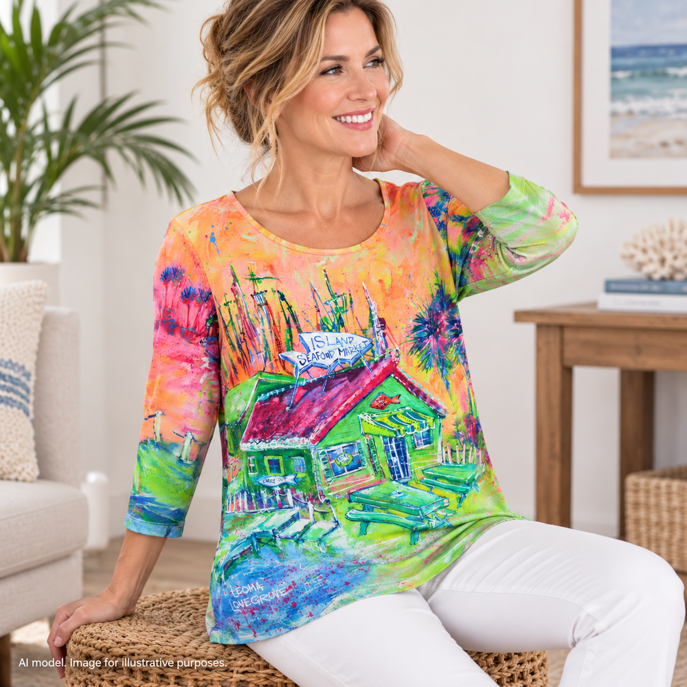 Leoma Lovegrove Shirt Womens Large Art to Wear Coastal Seafood Market Tunic Top